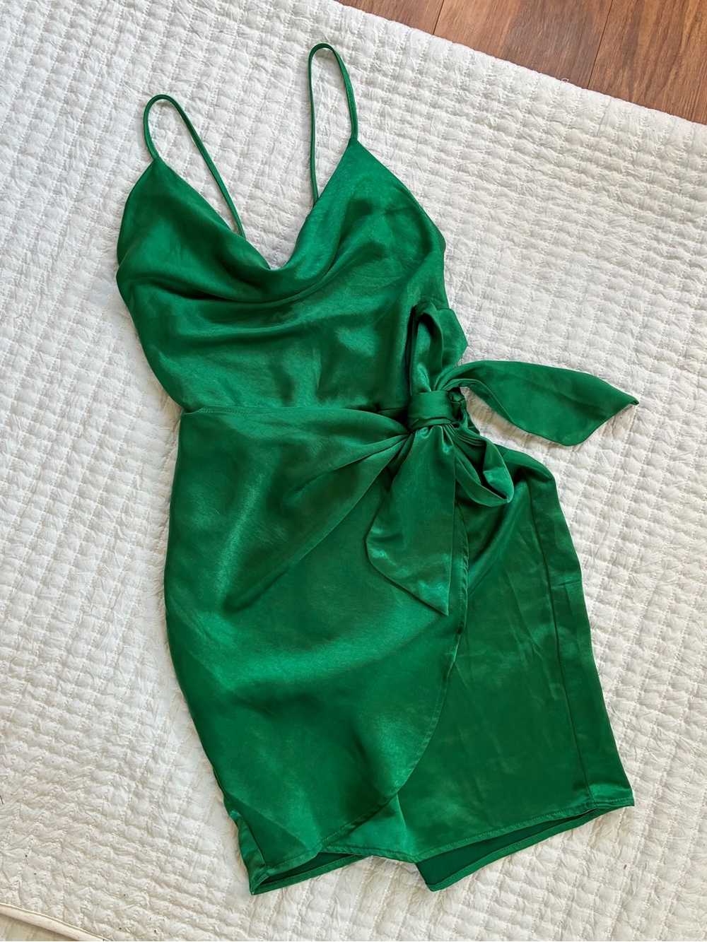Fashion Nova Make Satin Mini Dress Emerald Green XL Cowl Wrap Tie Holiday
